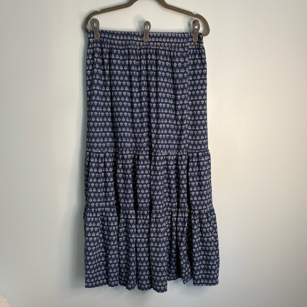 Blue and Cream Block Print Women's Tiered Peasant Skirt